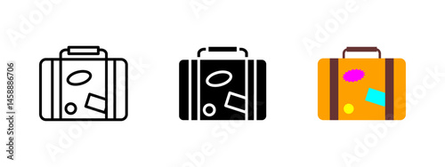 Suitcase icon. Travel bag with handle and decorative stickers vector illustration. Portable luggage and vacation journey symbol. Tourism equipment and holiday trip sign. Baggage and tour pictogram.