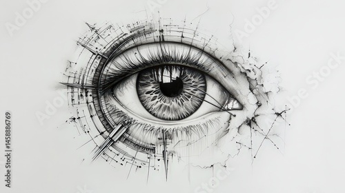 A highly detailed realistic eye integrated into a compass drawing, designed as a tattoo project. The intricate linework and shading bring depth to the artwork, set against a clean white background.