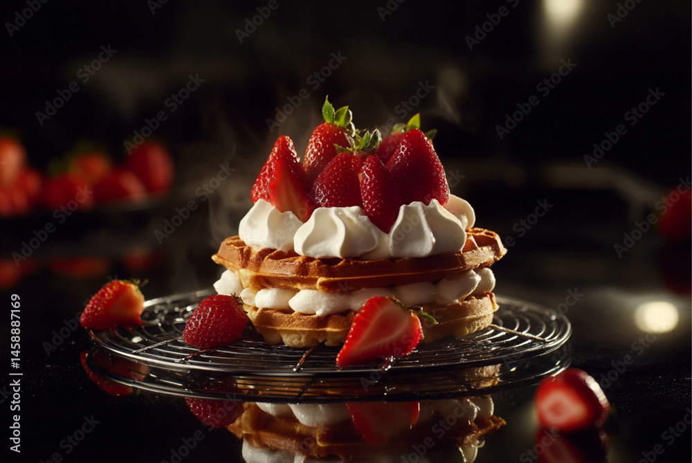 Waffles with strawberries and cream on top, on a wire rack. Simple food photography. Dramatic lighting.