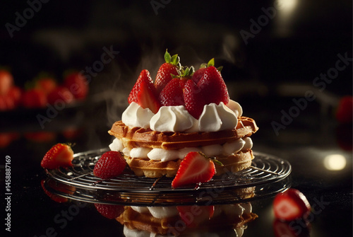 Obraz na płótnie Waffles with strawberries and cream on top, on a wire rack. Simple food photography. Dramatic lighting. w salonie
