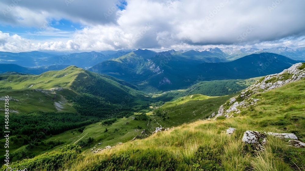 Panoramic view of a mountain range with lush green valleys and a partly cloudy sky, showcasing the beauty of nature's landscape. : Generative AI