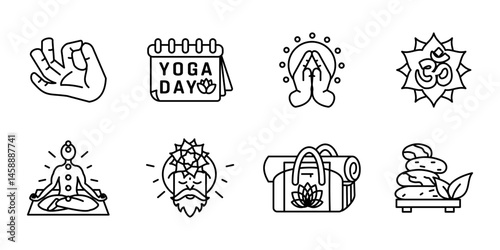 Yoga and meditation icon set. Collection of spiritual outline elements like asanas, chakras, om symbol, guru and yoga accessories. Mindfulness and balance symbol. Harmony sign. Inner peace pictogram.