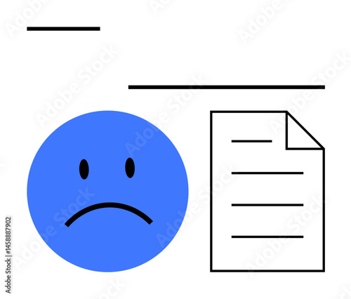 Blue sad face emotion next to a document with text lines, conveying dissatisfaction, criticism, or reflection. Ideal for feedback, review, emotion, failure, analysis communication or documentation