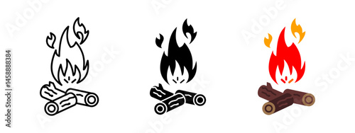 Campfire icon. Burning flame with wooden logs vector illustration. Outdoor heat source and wilderness fire symbol. Camping, survival and night warmth sign. Bonfire and flame pictogram.