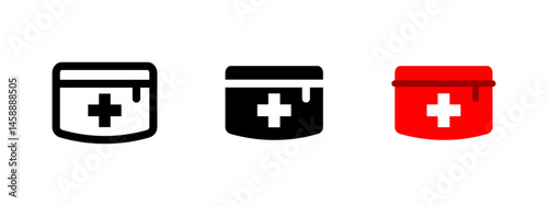 First aid icon. Red medical box with a white cross symbol vector illustration. Emergency treatment and health support symbol. Used in hospitals, clinics and safety kits sign. Healthcare pictogram.