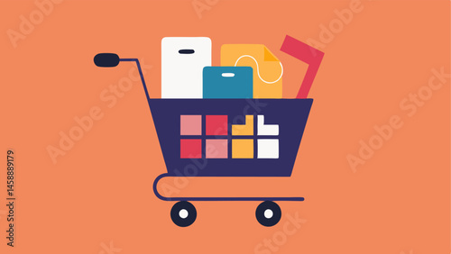 Shopping Cart with Discount Tag A minimalist shopping cart filled with various tech gadgets featuring a large discount tag hanging off the handle.