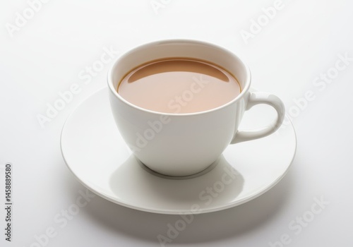 Wallpaper Mural A white ceramic cup of tea with milk sits on a matching saucer against a white background Torontodigital.ca