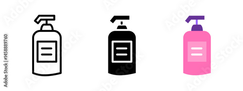 Soap dispenser icon. Pump bottle with rectangular label vector illustration. Container for liquid soap, sanitizer or lotion. Hygiene and personal care item used in bathrooms. Cleanliness pictogram.