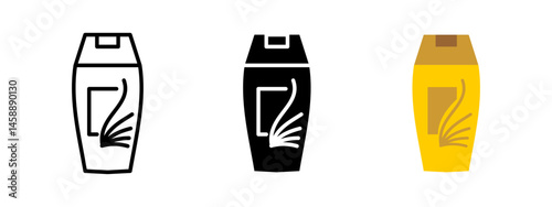 Shampoo bottle icon. Curved container with label and stylized hair strand vector illustration. Personal hygiene and hair care product symbol. Cosmetic liquid cleanser packaging sign. Hygiene pictogram