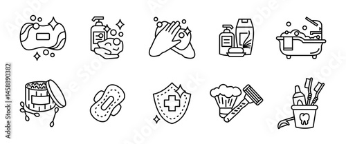 Personal hygiene icon set. Soap, handwashing, toothbrush, skincare products, shaving tools and bath outline accessories. Cleanliness and daily care routine line symbol. Sanitary care pictogram.