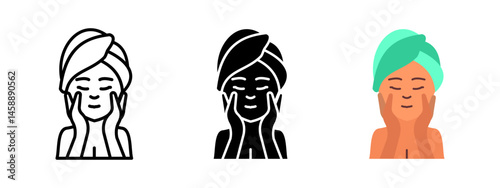 Spa beauty icon. Woman with towel on head gently touching face with both hands vector illustration. Skincare and facial treatment symbol. Relaxation and wellness care sign. Hygiene pictogram.