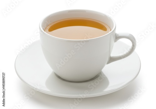 Wallpaper Mural A white teacup filled with golden liquid sits on a matching saucer against a white background Torontodigital.ca