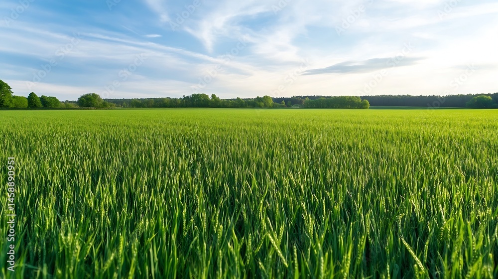Vast green wheat field under a partly cloudy sky, extending to a tree line on the horizon.  The vibrant green of the young wheat contrasts beautifully with the blue sky and fluffy whit : Generative AI