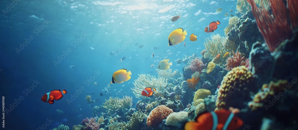 Naklejka premium Vibrant coral reef teeming with colorful fish in clear ocean water.