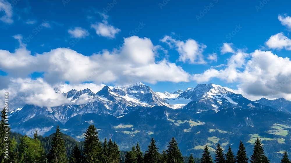 Majestic snow-capped Alps mountain range under a vibrant blue sky, partially veiled by fluffy white clouds, with a foreground of dark green evergreen trees. : Generative AI