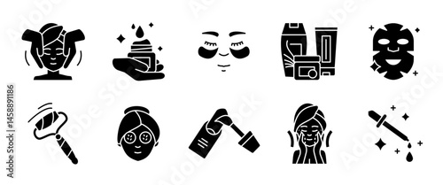 Skincare icon set. Beauty care elements including face masks, creams, rollers and cosmetic bottles. Facial treatment and wellness routine glyph symbol. Spa black sign. Hygiene and self-care pictogram