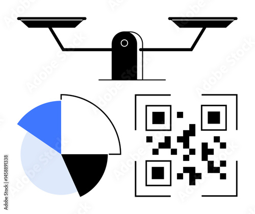 Balance scale symbolizing justice, pie chart representing analytics, and QR code denoting digital interaction. Ideal for themes thumbs up justice, technology, data, analytics, law, fairness
