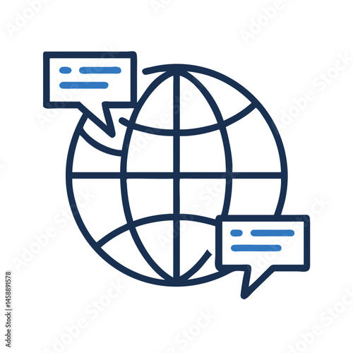 Globe with Speech Bubbles Icon Representing Global Communication and Multilingual Interaction