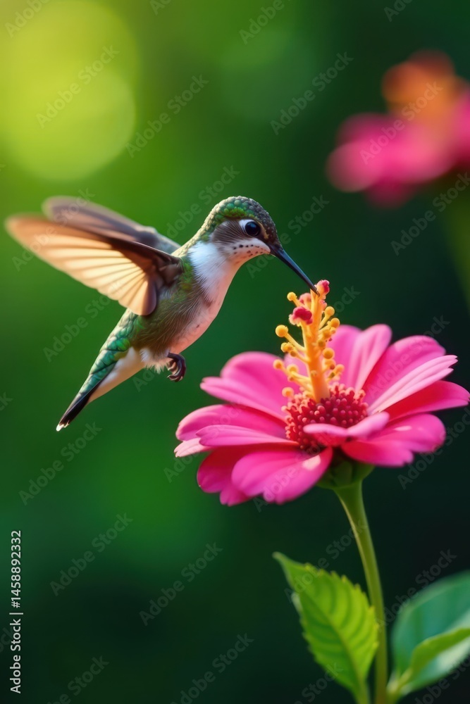 Naklejka premium Tiny hummingbird feeding, blurred motion, vibrant flower , image, small