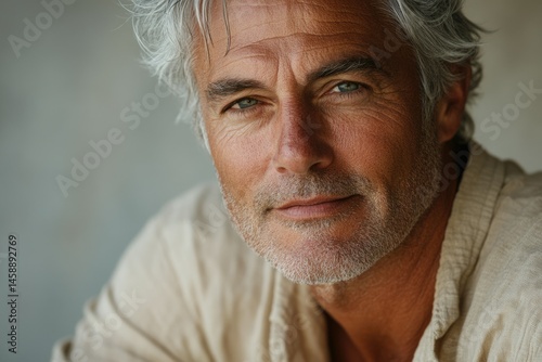 Close-up portrait of a handsome mature man with silver hair and a thoughtful expression.