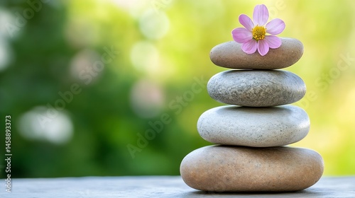 Serene stack of four smooth stones topped with a delicate pink flower, set against a blurred green garden background, conveying tranquility and balance. : Generative AI