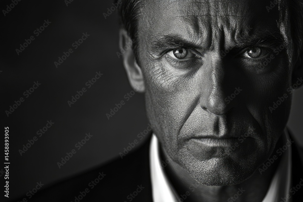 Fototapeta premium A black and white close-up portrait of a man with a serious, intense expression.
