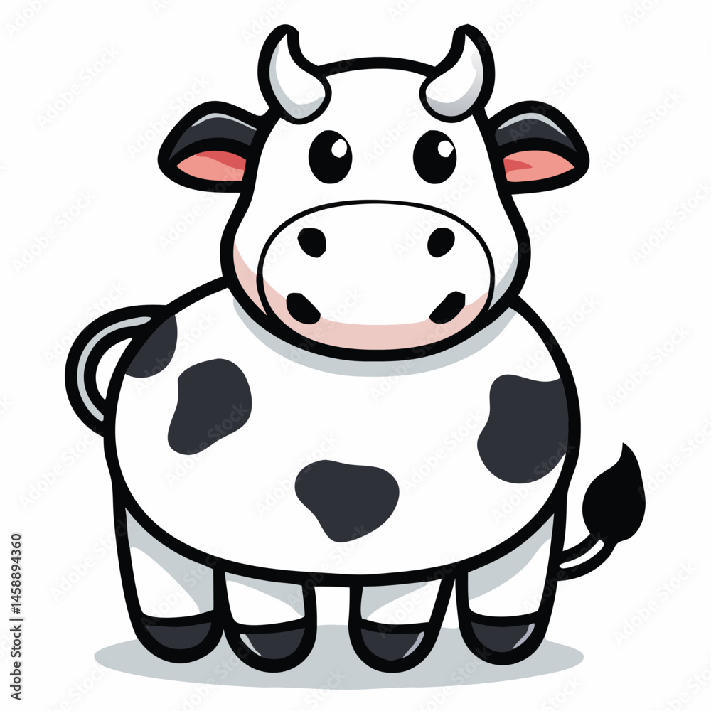 Fototapeta premium Adorable cartoon cow standing with white fur and black spots looks cheerfully at you