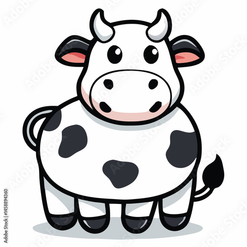 Adorable cartoon cow standing with white fur and black spots looks cheerfully at you