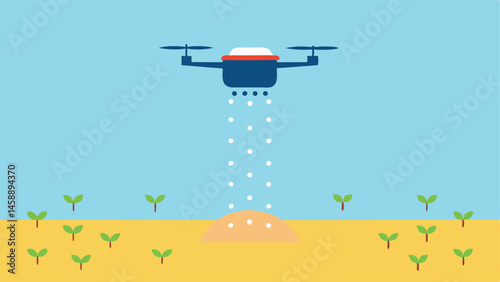 Fertilizer Distribution A drone is dispensing granular fertilizer from a compartment with a trail of small particles falling onto rows of crops beneath.