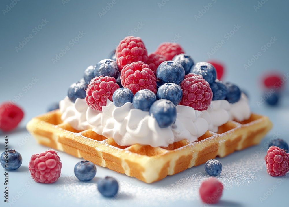 A square waffle with cream and berries on top. On the table are some more blueberries and raspberries, against a light background. Food photography, delicious.