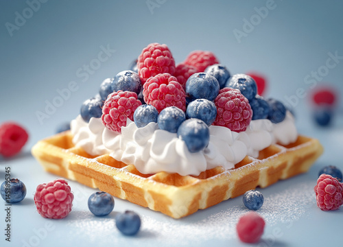 Obraz na płótnie A square waffle with cream and berries on top. On the table are some more blueberries and raspberries, against a light background. Food photography, delicious. w salonie