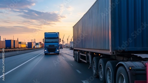 Blue semi-trucks transport cargo containers on highway at sunset, near a port with cranes and stacked shipping containers. : Generative AI