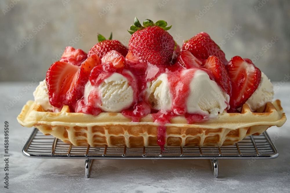 strawberry and cream waffles, with sliced strawberries on top and creamy vanilla ice cream, deliciously decorated, food photography, on a wire rack, on a grey background.