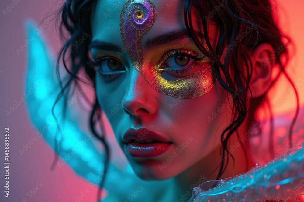 Close portrait. Close-up portrait of young woman with colorful face paint and glowing blue and red lighting, futuristic makeup concept for beauty editorial, neon background with moody vibrant atmosph Close portrait. Close-up portrait of young woman with colorful face paint and glowing blue and red lighting, futuristic makeup concept for beauty editorial, neon background with moody vibrant atmosph
