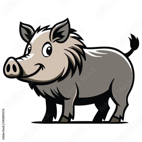 Cartoon boar poses playfully with its stout body and little tail waving to the side