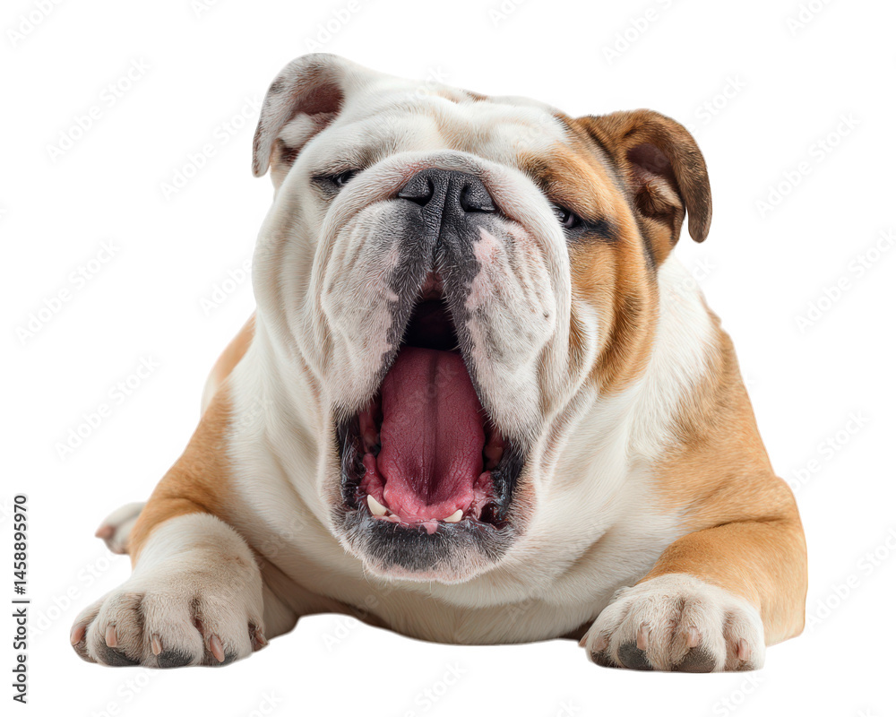 Obraz premium Bulldog with funny expression is caught mid yawn, showcasing its unique features and playful demeanor. This adorable pet exudes charm and personality, making it delightful subject