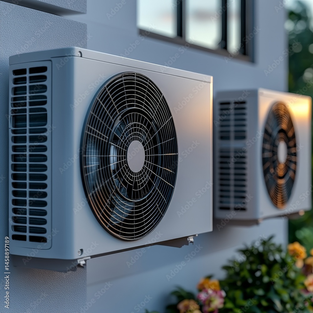Outdoor air conditioning units installed on wall with evening light Outdoor air conditioning units installed on wall with evening light