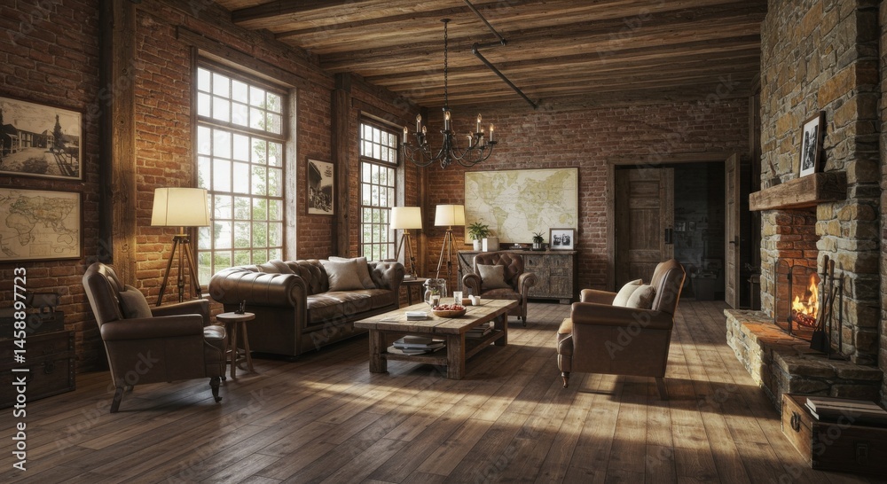 Fototapeta premium Rustic Living Room Interior Design with Brick Walls