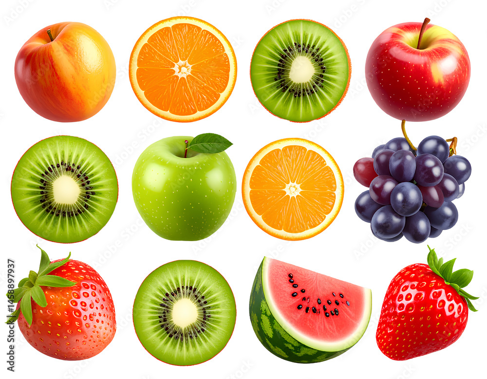 A set of realistic fruits- an apple, an orange, a kiwi, a grape, a watermelon, and a strawbe.png A set of realistic fruits- an apple, an orange, a kiwi, a grape, a watermelon, and a strawbe.png