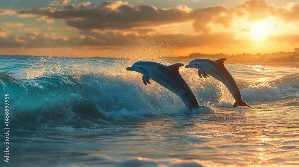 Fototapeta premium A serene beach scene with dolphins leaping gracefully through crystal-clear waves under a golden sunset. 