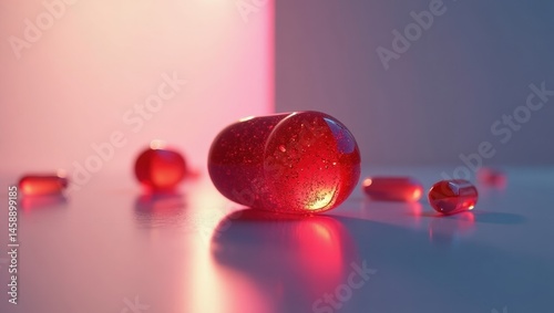Testosterone. Fruitful masculine energy. Abstract futuristic concept. Futuristic apple sits proudly on table amidst other fruits, embodying powerful and potent masculine energy.