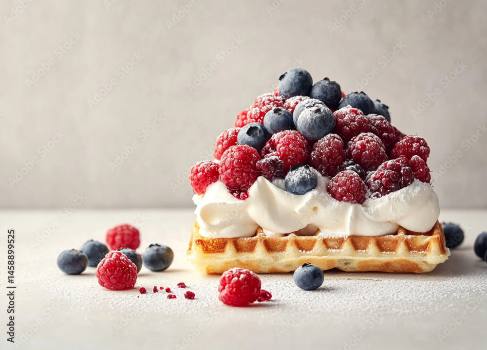 A square waffle with cream and berries on top. On the table are some more blueberries and raspberries, against a light background. Food photography, delicious.