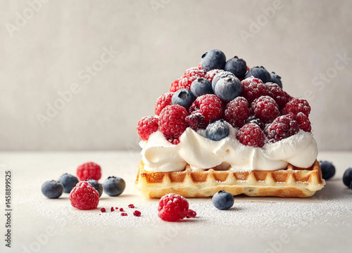 Obraz na płótnie A square waffle with cream and berries on top. On the table are some more blueberries and raspberries, against a light background. Food photography, delicious. w salonie