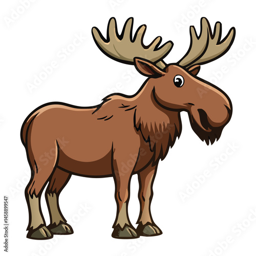 Cartoon moose stands calmly with massive antlers and a thick dark brown outline
