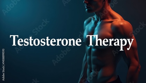 Testosterone Therapy. Male Vitality Boost. Product ad banner copy text. Mans confident pose conveys boosted male vitality through hormone treatment, emphasizing masculine strength and energy.