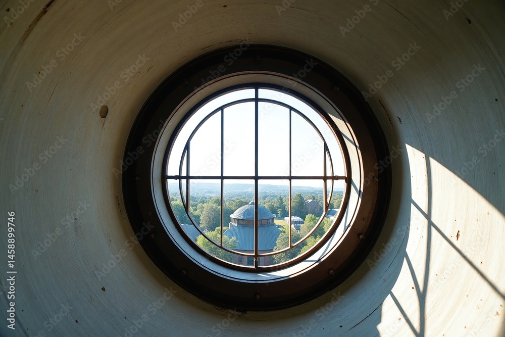 Fototapeta premium Unique Residential Conversion: View Through Large Circular Window of Converted Water Tower Home Showing Original Metal Structure