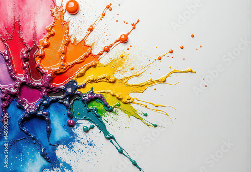 Vibrant explosion of colorful acrylic paints in a dynamic splash, showcasing a spectrum of hues from red to yellow, creating an abstract artistic expression on a white surface