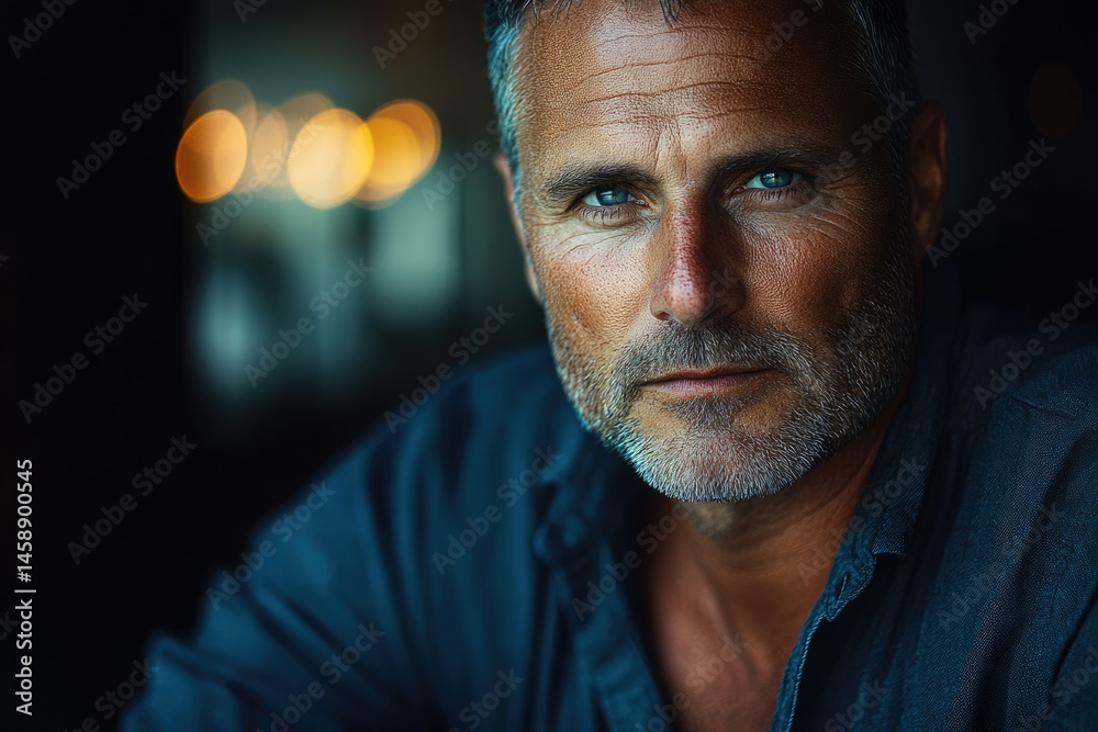Obraz premium A contemplative middle-aged man with salt and pepper hair, wearing a dark teal shirt, stares intently at the camera.