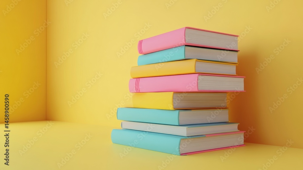 Stack of colorful books on a yellow background