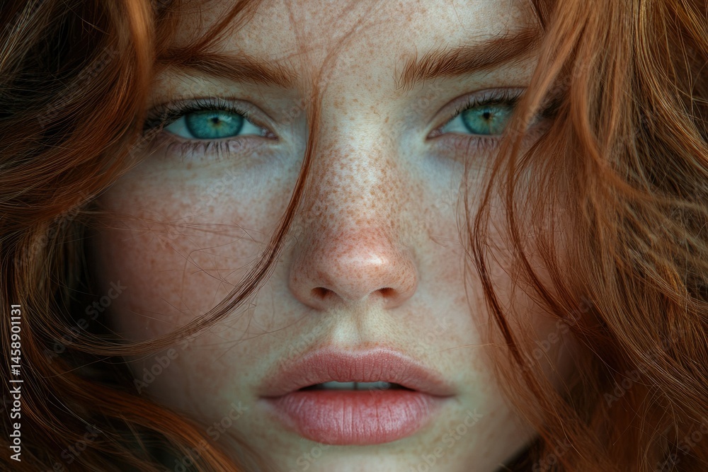 Close-up portrait of a young woman with freckles and vibrant red hair, showcasing her captivating green eyes. Close-up portrait of a young woman with freckles and vibrant red hair, showcasing her captivating green eyes.